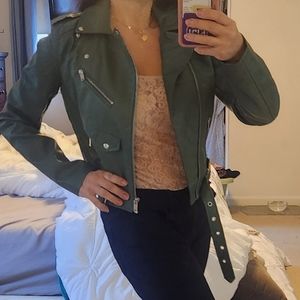 Army green faux lined leather crop jacket